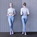 Woman Wearing White Top Light Blue Jeans Front Back Against Striped Gray Wall Purple Shoes