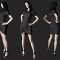 Woman in Black Dress with Asymmetrical Hem Posing Hands on Hips in Three Angles