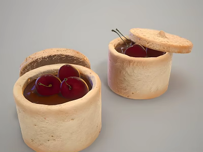 Cup Shaped Pastry Desserts With Golden Crust Chocolate Filling Fresh Cherries And Open Lid 3d model