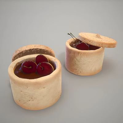 Cup Shaped Pastry Desserts With Golden Crust Chocolate Filling Fresh Cherries And Open Lid 3d model