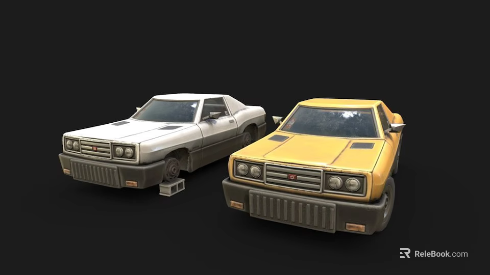 Two Vintage White And Yellow Coupe Cars With Retro Design And Classic Style 3d model 