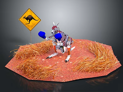 Smart Machine Kangaroo Shaped Featuring Blue Boxing Gloves On Red Ground Dry Grass Warning Sign 3d model