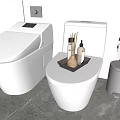 Modern Bathroom Toilets With Open Seat Tray And Fragrance Items Near Trash Bin