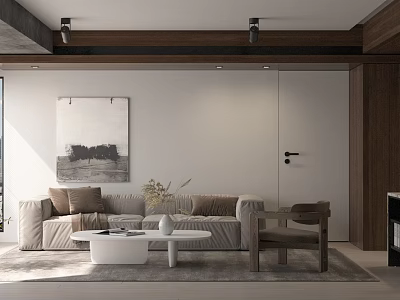 Warm Minimalist Living Room With Soft Fabric Sofa Abstract Wall Art And Wooden Accents 3d model