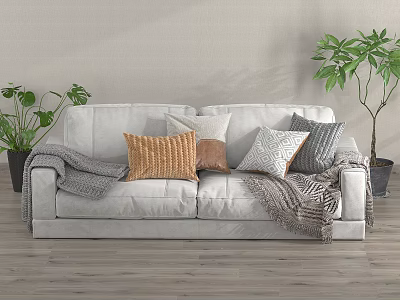 Light Gray Two Seater Sofa With Pillows And Throw Blanket Near Green Plants On Wooden Floor 3d model