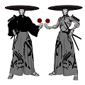Game And Movie Characters Wearing Wide Brimmed Hats Holding Red Orbs In Traditional Attire