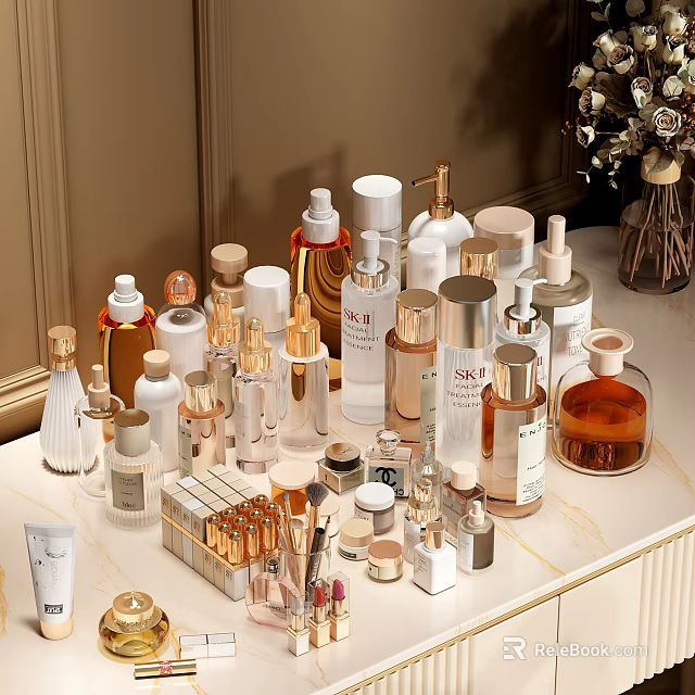 Elegant Display of Various Perfumes and Cosmetics with Glass Bottles and Luxury Packaging 3d model 