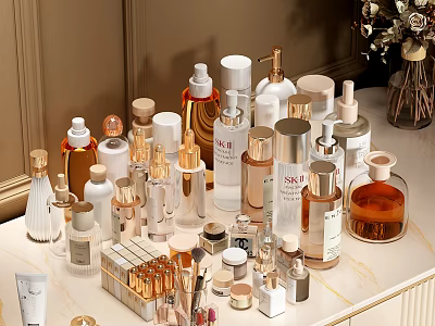 Elegant Display of Various Perfumes and Cosmetics with Glass Bottles and Luxury Packaging 3d model