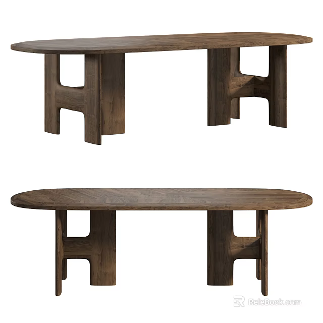 Oval Wooden Dining Table With Unique H Shaped Legs And Natural Wood Grain Surface 3d model 
