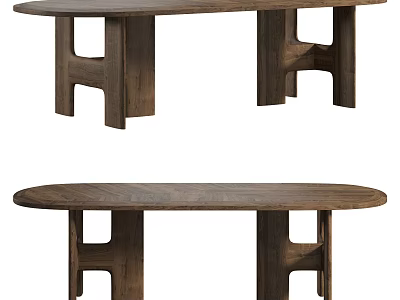 Oval Wooden Dining Table With Unique H Shaped Legs And Natural Wood Grain Surface 3d model