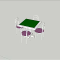 Square Entertainment Table with Green Top and Four Chairs with Purple Cushions and White Legs