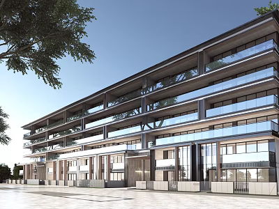 Modern Townhouse Exterior Design With Balconies Large Glass Windows And Trees 3d model