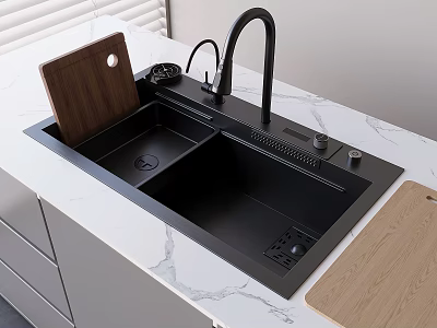 Black Double Bowl Kitchen Sink With Modern Faucet And Wooden Cutting Boards On Marble Countertop 3d model