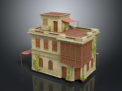 Traditional Multi Story Building With Arched Windows Wooden Balcony Terracotta Roof And Vines 3d model