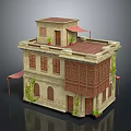 Traditional Multi Story Building With Arched Windows Wooden Balcony Terracotta Roof And Vines