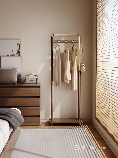 Modern Freestanding Clothes Rack with Wooden and Metal Design Hanging Clothes and Handbag in Bedroom 3d model 