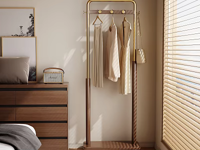 Modern Freestanding Clothes Rack with Wooden and Metal Design Hanging Clothes and Handbag in Bedroom 3d model