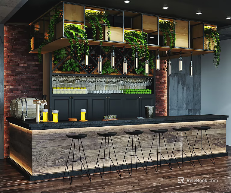 Modern Bar Interior With Brick Wall Green Plants Wine Rack Bar Counter And Stools 3d model 