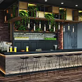Modern Bar Interior With Brick Wall Green Plants Wine Rack Bar Counter And Stools
