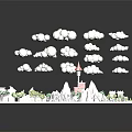 Modern Miniature Scene With Colorful Buildings Red Tower Trees Snowy Mountains And Clouds