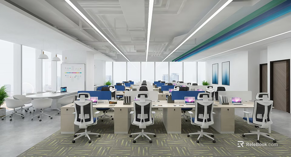Modern Public Office Space With Large Windows Workstations Laptops Ergonomic Chairs And Natural Light 3d model 