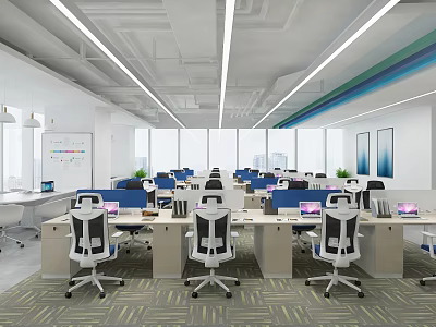 Modern Public Office Space With Large Windows Workstations Laptops Ergonomic Chairs And Natural Light 3d model