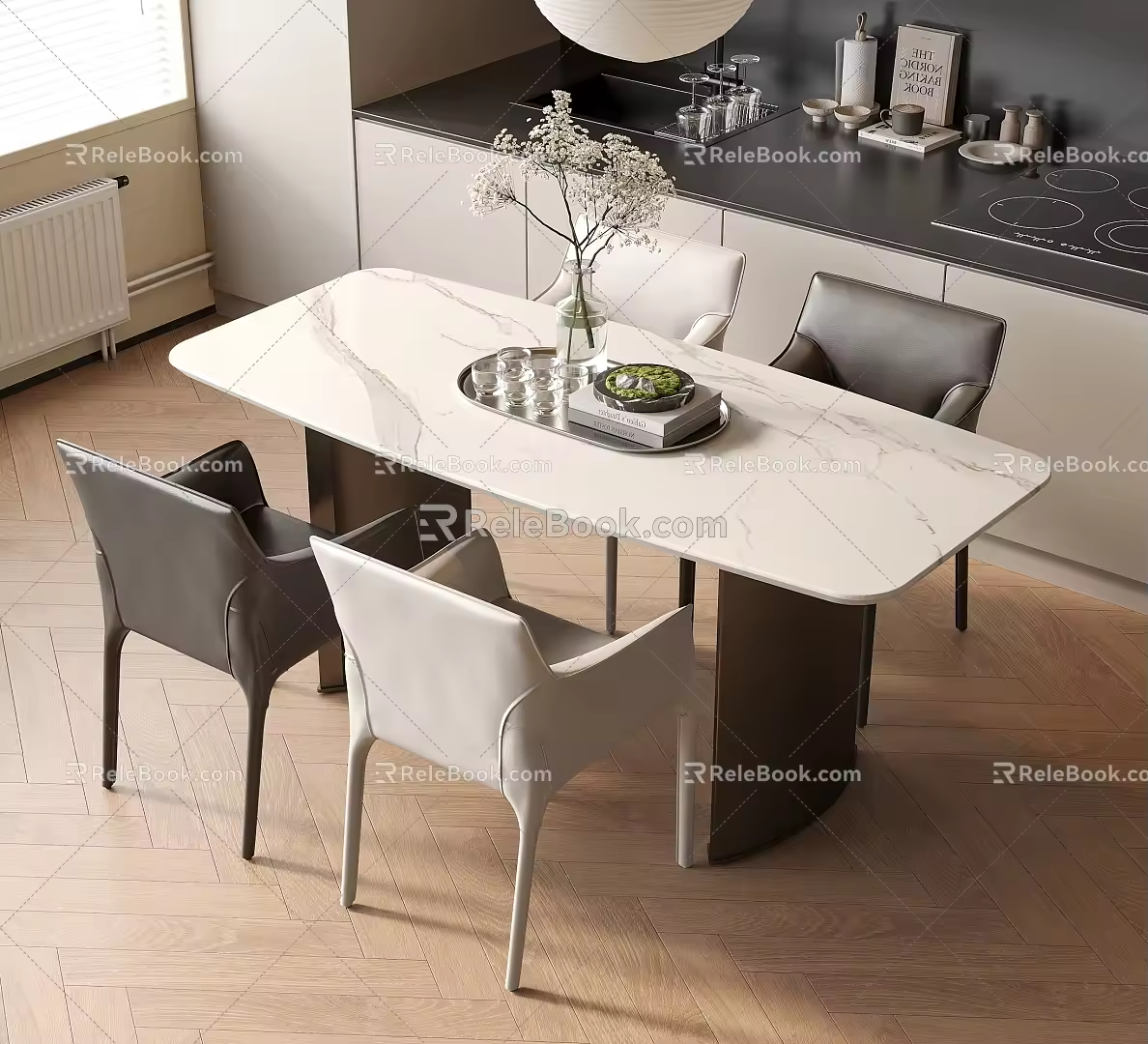 Modern Dining Table and Chair Combination Restaurant Dining Chair Dining Table Chandelier 3d model