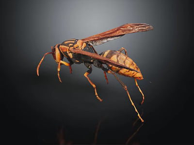 Close Up of Wasp Flying Insect With Yellow Black Stripes Transparent Wings on Black Background 3d model