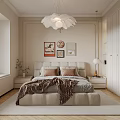 Cozy Modern Bedroom Interior With Upholstered Bed Feather Chandelier And Decorative Artworks
