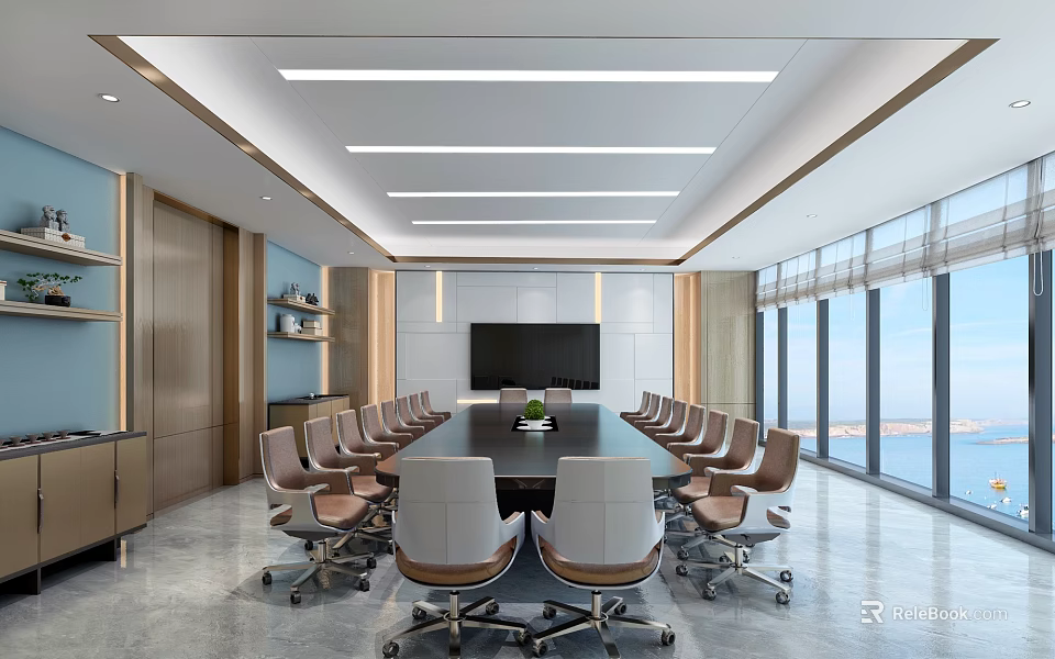 Modern Conference Room With Long Table Ergonomic Chairs Large Screen TV And Scenic Windows 3d model 