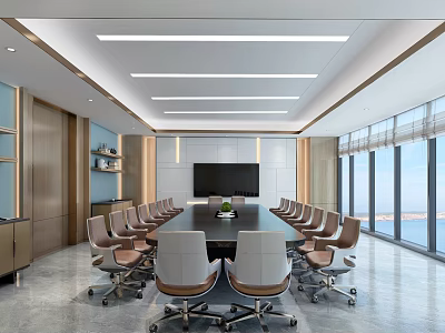 Modern Conference Room With Long Table Ergonomic Chairs Large Screen TV And Scenic Windows 3d model