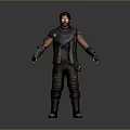 Game Movie Character In Standing Pose With Purple Scarf Green Vest And Arm Guards