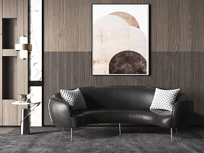 Black Sectional Sofa With Gold Legs And Geometric Pillows In Modern Interior With Wooden Wall And Abstract Painting 3d model