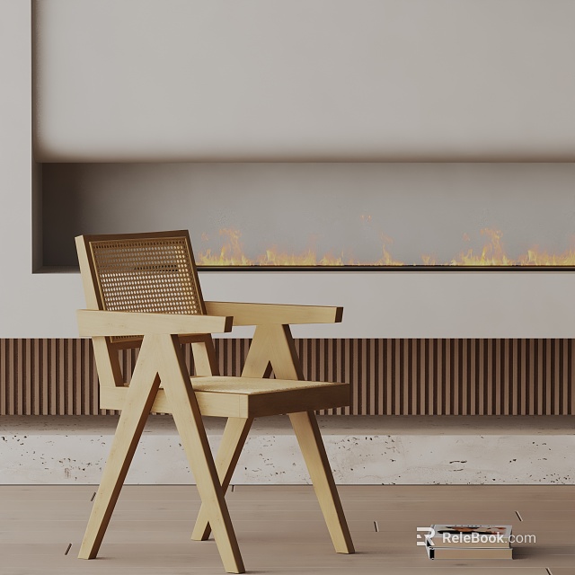 Modern Golden Dining Chair With Woven Backrest In Living Room With Fireplace And Wooden Paneling 3d model 