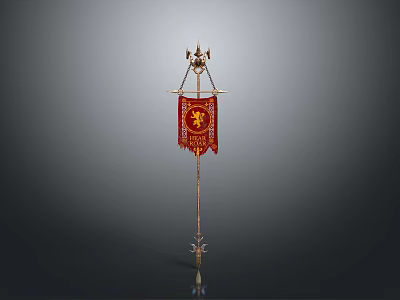 Decorative Red Banner With Golden Emblem And Ornamental Top On Wooden Pole 3d model
