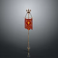 Decorative Red Banner With Golden Emblem And Ornamental Top On Wooden Pole