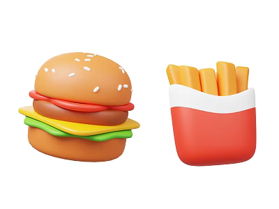 Appetizing Hamburger With Sesame Seeds And Crispy Fries In Red Container 3d model