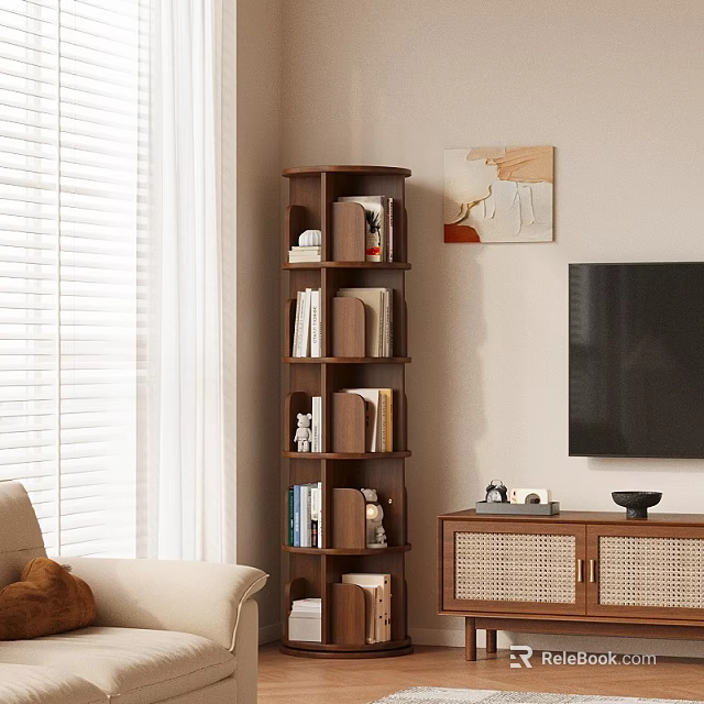 Rotating Wooden Bookshelf In Living Room With Books Decor Near TV Stand And Window Blinds 3d model 