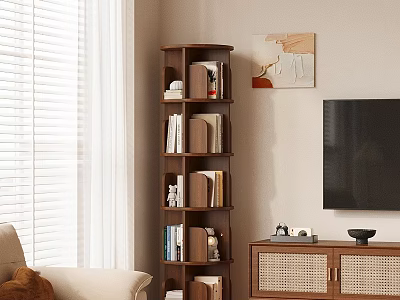 Rotating Wooden Bookshelf In Living Room With Books Decor Near TV Stand And Window Blinds 3d model