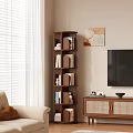 Rotating Wooden Bookshelf In Living Room With Books Decor Near TV Stand And Window Blinds