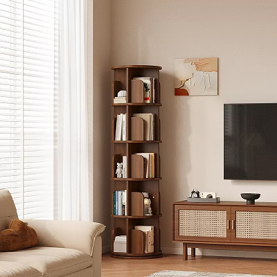 Rotating Wooden Bookshelf In Living Room With Books Decor Near TV Stand And Window Blinds 3d model