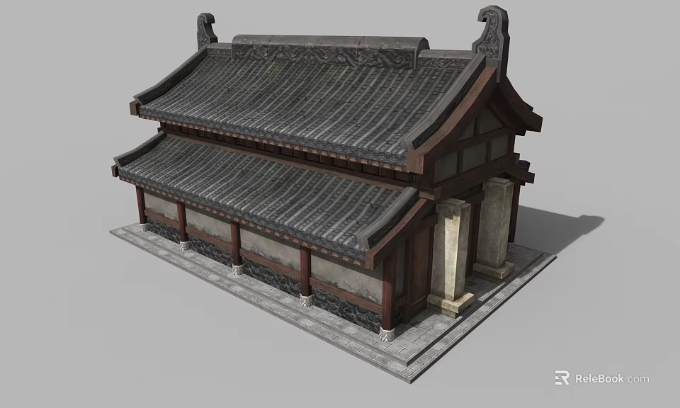 Cartoon Style Traditional Chinese Building With Curved Eaves Tile Roof and Stone Base 3d model 