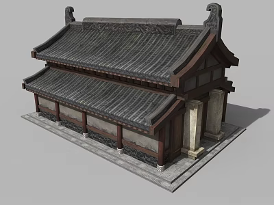 Cartoon Style Traditional Chinese Building With Curved Eaves Tile Roof and Stone Base 3d model