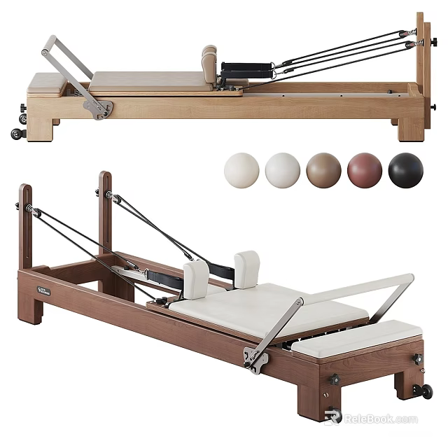Wooden Pilates Reformer Machine With Colorful Fitness Exercise Balls 3d model 