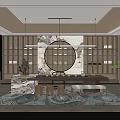 Modern Tea Room Interior With Circular Decor Marble Countertop Wooden Shelves And Potted Pine