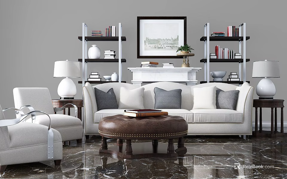 Modern Living Room White Sofa with Grey Pillows and Brown Leather Ottoman Coffee Table Set with Bookshelves and Framed Artwork 3d model 