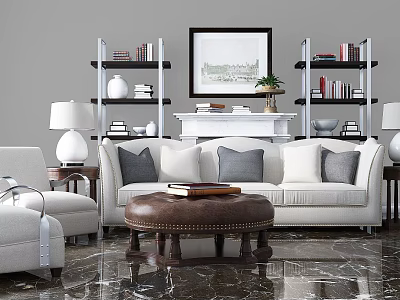 Modern Living Room White Sofa with Grey Pillows and Brown Leather Ottoman Coffee Table Set with Bookshelves and Framed Artwork 3d model