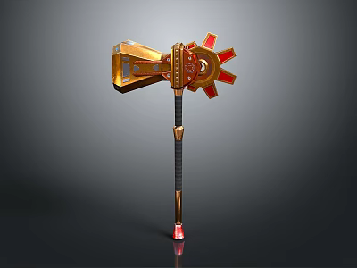 Golden And Red Decorative Axe With Gear Like Red Accents And Black Handle 3d model