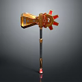 Golden And Red Decorative Axe With Gear Like Red Accents And Black Handle