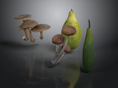 Fresh Assorted Food Ingredients Including Mushrooms Pear And Zucchini On Dark Reflective Surface 3d model